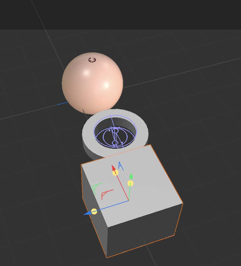 This is a screenshot of 3 basic modelling shapes in half-high angle view, orange, tape and paper box