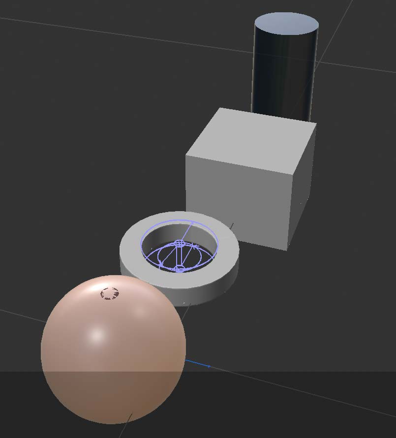 This is a screenshot of 4 basic modelling shapes in half-high angle view, orange, tape, paper box and can